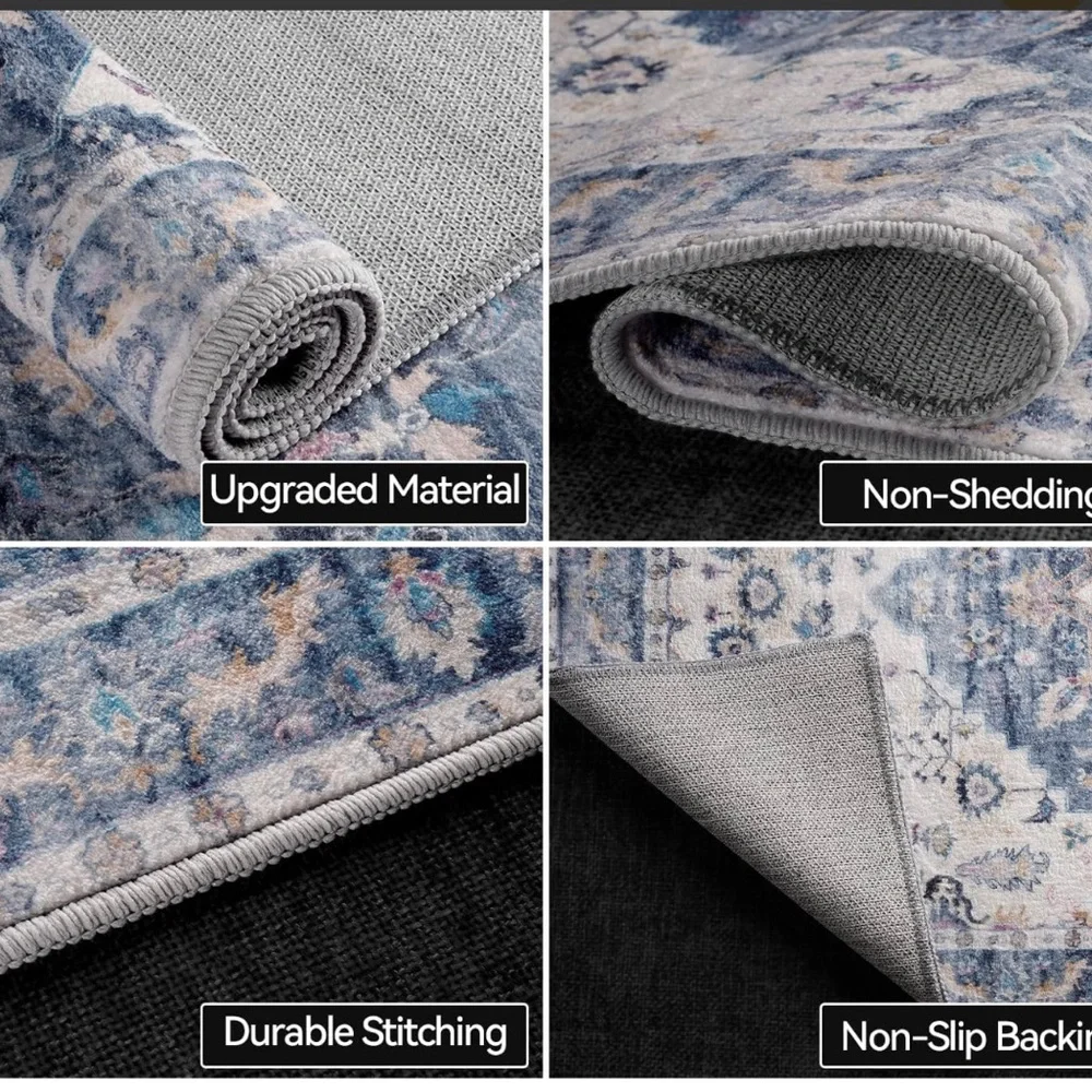 2x3 Area Rug Cream and Blue, Non-Slip, Machine Washable, Indoor, Low Pile